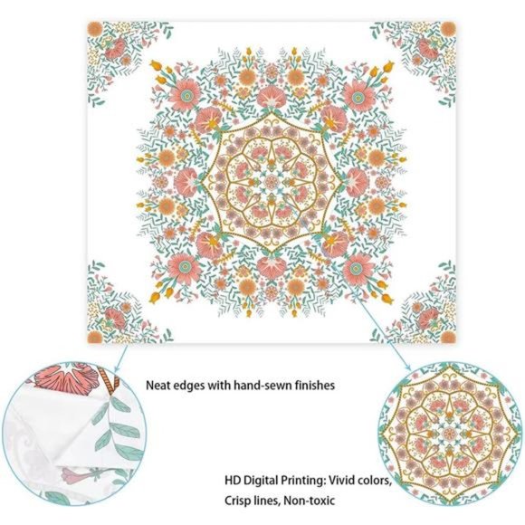 Mandala Flower Tapestry Wall Hanging - Bohemian Hippie White Tapestry Sketched - Picture 3 of 7